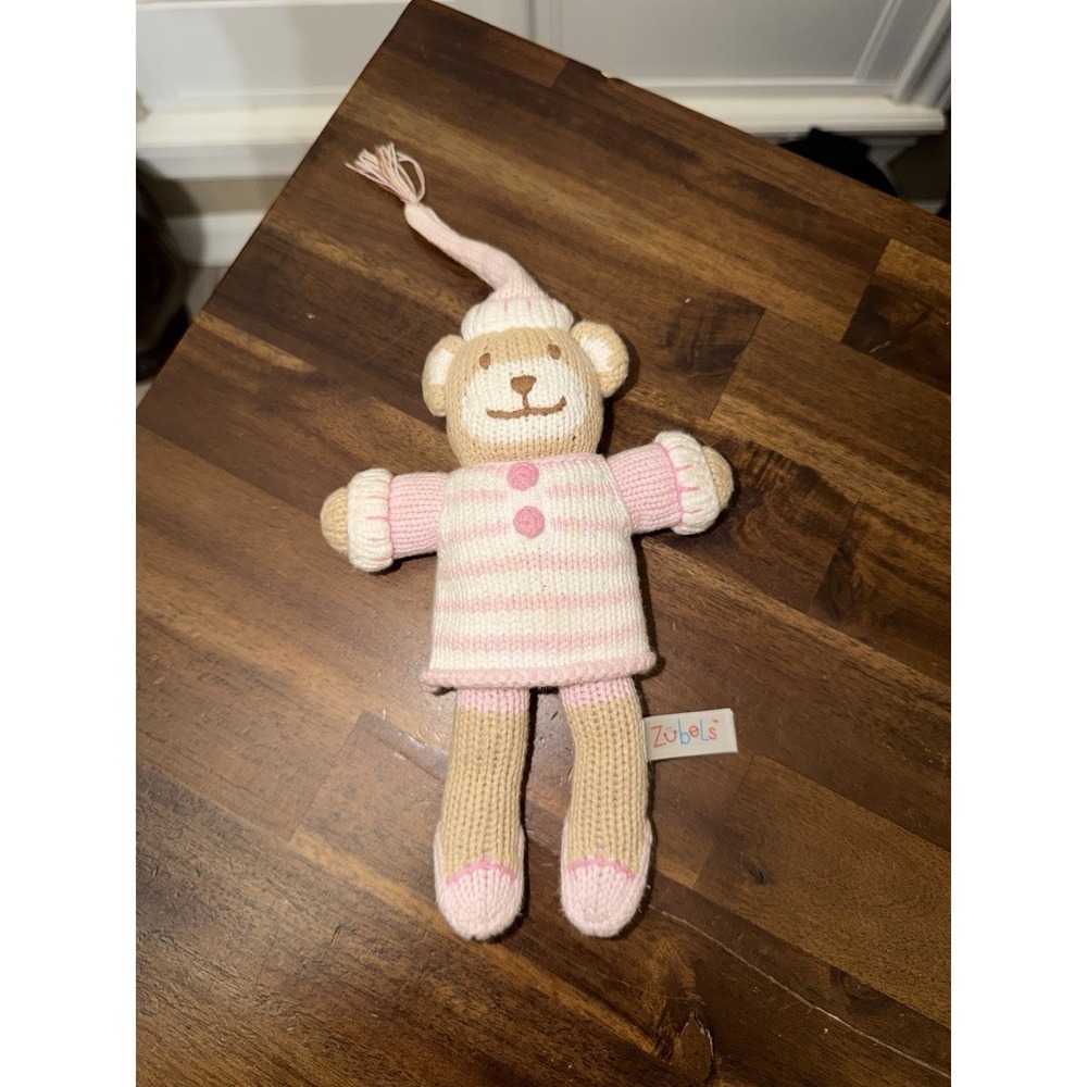 ZUBELS SLEEPY TIME BEAR KNIT PLUSH,‎ PINK WHITE STRIPE OUTFIT, BABY TOY LOVEY